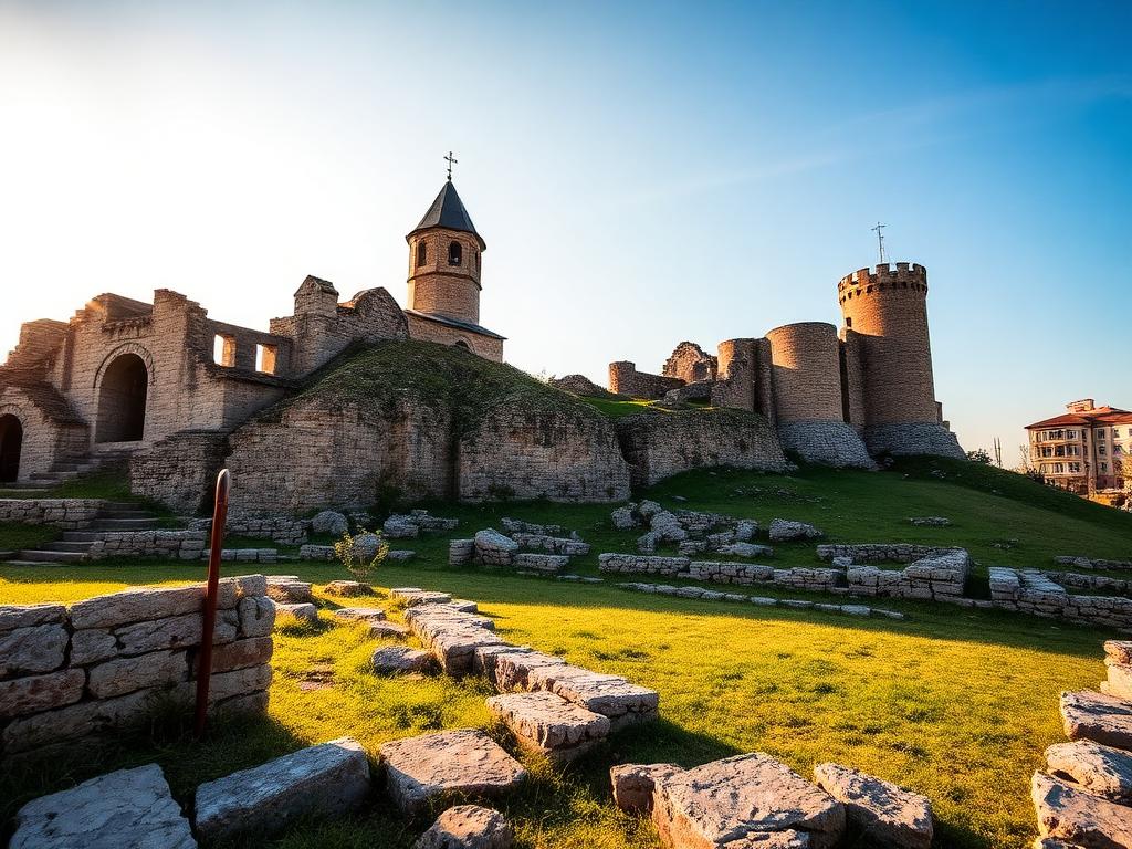 Stone fortress ruins with an old church tower in golden light