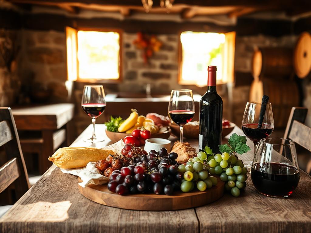 Rustic wooden table with local food, grapes and red wine in a cellar
