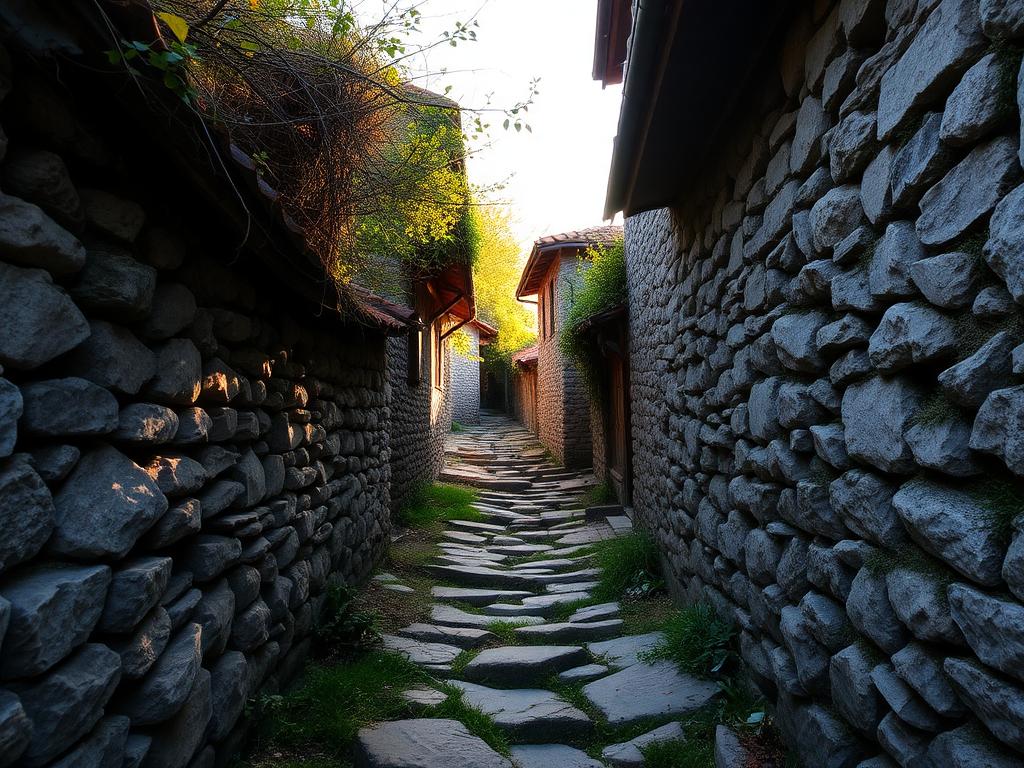 Narrow cobbled lane between old stone houses in a Bulgarian village