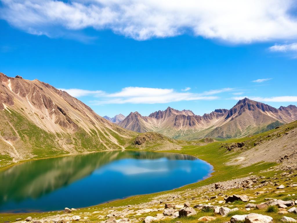 Alpine lake surrounded by rocky mountain peaks