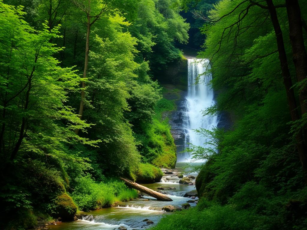 Waterfall falling into a river inside a dense green forest