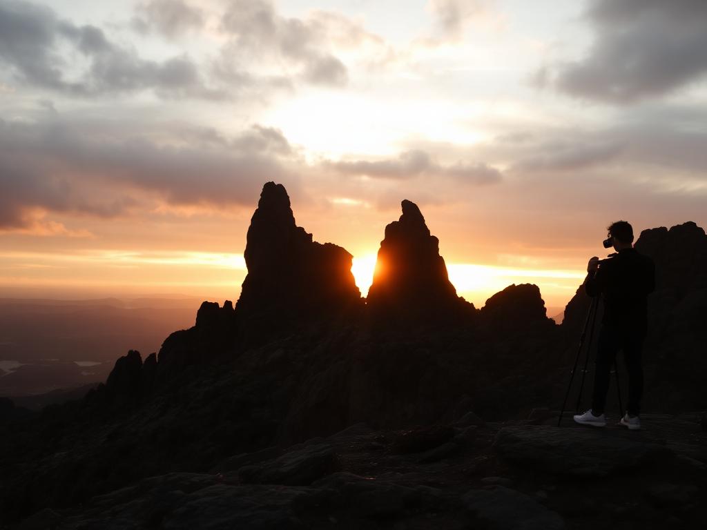 Photographer with a tripod shooting rock formations at sunset