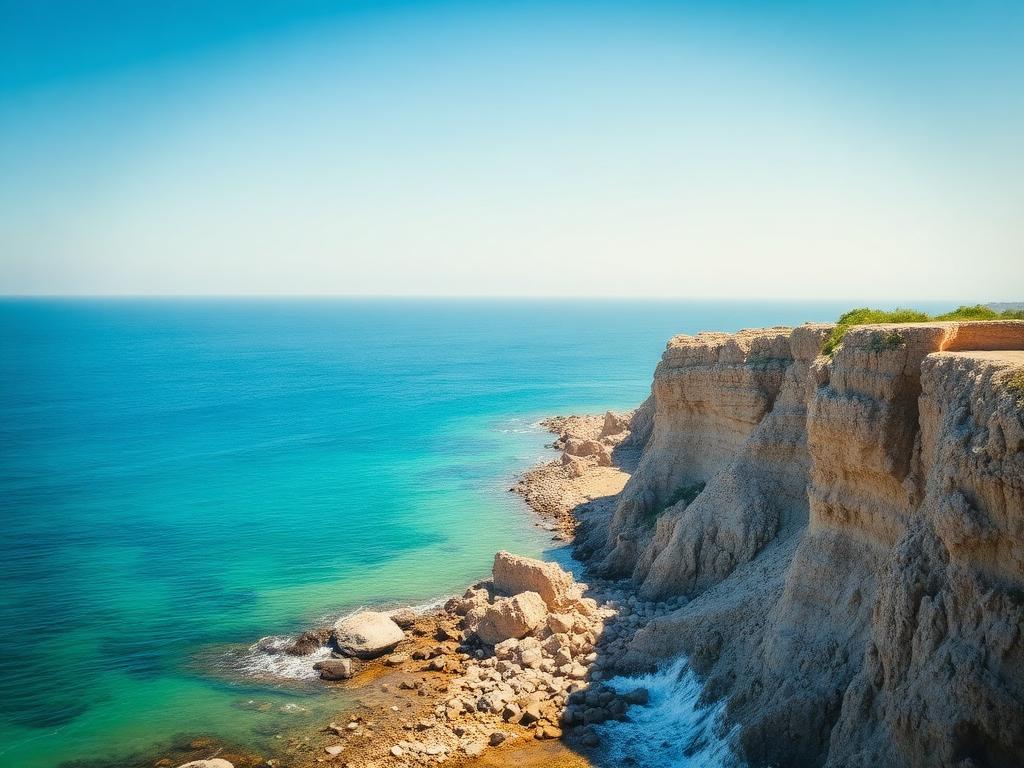 Turquoise Black Sea water beside limestone coastal cliffs