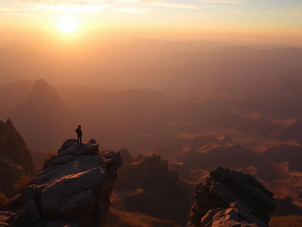 Hiker standing on a rocky ledge above a hazy valley at sunrise
